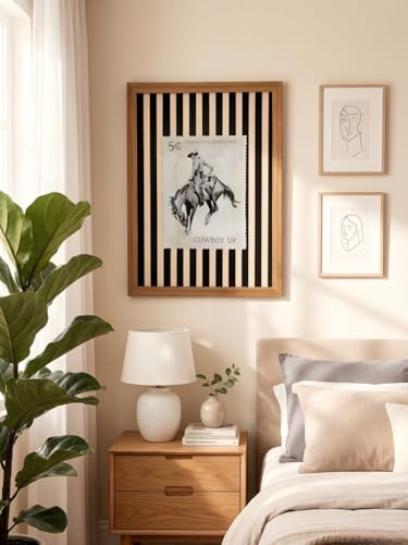 LBTZEVIR Cowboy Up Vintage Western Wall Art, Framed Rodeo Cowboy Postage Print, Black and Beige Striped, Wood Frame, 16x12 Inch, Western Decor for Living Room or Bedroom - color: Black and White1, size: 16"L x 12"W