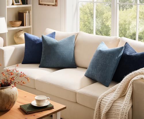 Pack of 4 Throw Pillow Covers 18x18 Inch Chenille Textured Neutral Blue Soft Pillow Covers Solid Decorative Farmhouse Cushion Covers Home Boho Decor for Couch Sofa Bed Living Room - color: Neutral Blue, size: 18" x 18" (Pack of 4)