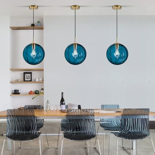 Modern Blue Glass Pendant Light, Kitchen Island Lighting 3-Pack Globe Pendant Light Fixtures Century Kitchen Island Pendant Lighting for Bedroom Living Dining Room Light Fixture (Without Bulb) - color: Blue-1 Light-3PC