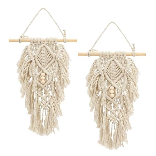 ASTIMESA 2 Packs Handmade Macrame Leaves Wall Hanging Decor, Vintage Woven Leaf Tapestry, Chic Boho Wall Art with Tassels Beads for Living Room Bedroom Home White - color: White