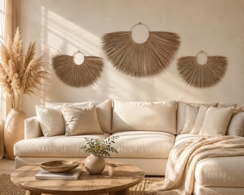 PEMAR Set of 3 Woven Seagrass Fan Wall Decor - Large Boho Raffia Jute Wall Hanging Hanging Decor for Living Room Bedroom, Handmade Rustic African Fan Wooden Wall Art, Unique Housewarming Gift (XL: 35.4" D, L: 27.6" D, M: 19.7" D)