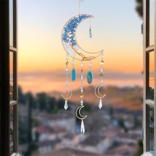 Agate Moon Dream Catchers with Crystal 7 Chakra Gemstone Dream Catchers Color Natural Gem Agate Wall Hangings Room Garden Dreamcatchers Decor (Blue) - color: Blue