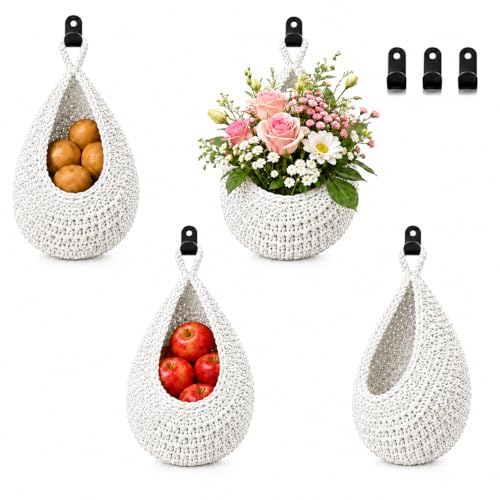 Boho Decor Hanging Fruit Baskets for Kitchen, 3 Pack Handwoven Teardrop Wall Hanging Baskets with Hooks, Storage for Fruits, Onions, Vegetables & Potatoes, 3 Sizes for Home, White - color: Large-White