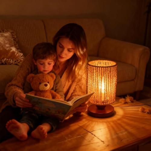 Handmade Rattan Lamp Boho Table Lamp for Bedroom, Stepless Dimming Small Woven Lamps for Night Stands with Warm White LED Bulb, Coastal Boho Lamp for Living Room Reading Nook Office Desk - color: Bohemian - Dimmable