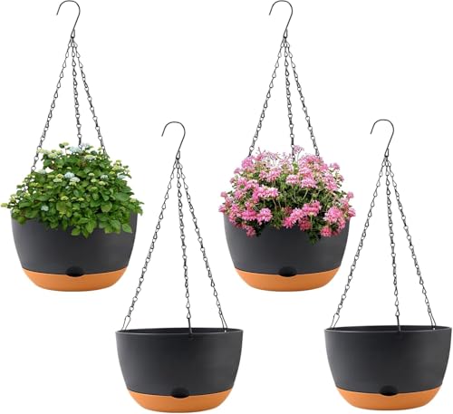 KPUVX 4 Pack Plastic Hanging pots for Plants Indoor,8 Inch Plant Pot Indoor Outdoor Hanging Baskets,Hanging Flower Pots with Drainage Holes and Chain for Garden Porch Plants(Black) - color: Black, size: 8 inch