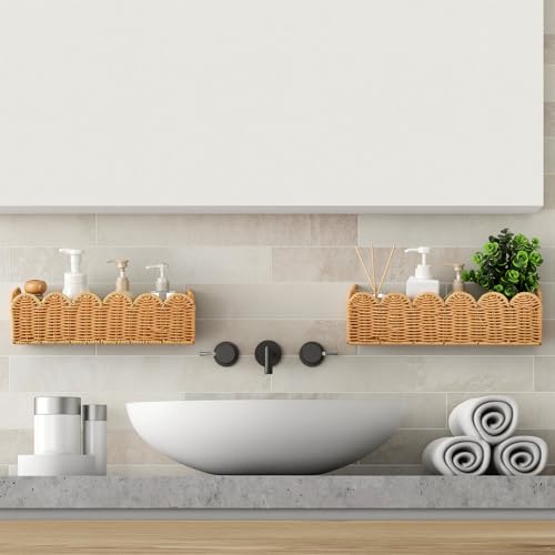 Ripeng 2 Pcs Scalloped Hanging Shower Caddy, Wicker Wall Bathroom Shelves, Waterproof Shower Shelves for Cosmetics, Toiletries Organization and Storage, Rattan Wall Rack for Bathroom Decor