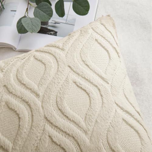 MIULEE Beige Throw Pillow Covers 18x18 Inch, Neutral Soft Plush Faux Wool Solid Couch Pillows Set of 2, Decorative Farmhouse Boho Cushion Covers for Sofa Living Room Bed Home Decor - color: Beige, size: 18" x 18" (Pack of 2)