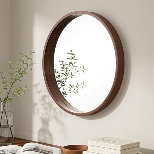 WallBeyond 24 Inch Round Wood Mirror, Circle Wooden Frame Wall Mirror for Bathroom, Living Room, Bedroom, Entryway (Walnut) - color: Walnut, size: 24"L x 24"W