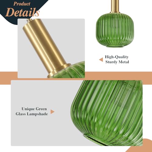 BOKT Mid Century Green Glass Pendant Lights 2-Light Mini Globe Ceiling Pendant Light Ribbed Glass Pendant Light Gold Finish Hanging Light Fixture for Kitchen Island Foyer - color: Green-2 Pack