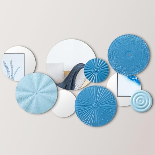 Blulu 9 Pcs Blue Mirror Wall Decor Metal Round Home Art Decor Decorative Modern Circle Mirror Wall Art Sculpture Hanging Decorations for Home Living Room Office - color: Blue