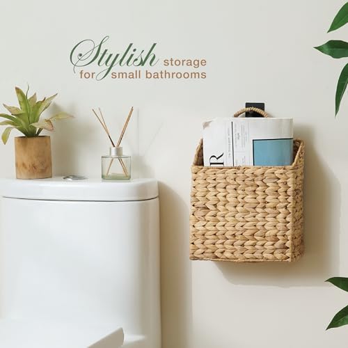 Set of 2 Wicker Hanging Basket for Organizing, Front Door, Mail, Flowers - Woven Wall Baskets for Storage - color: Natural (Water Hyacinth)