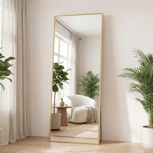 DUMOS Full Length Mirror with Stand 24"x65" Floor Standing Aluminum Frame for Bedroom Body Hanging Leaning Modern Simple Home Decor Shatter-proorf Nano Glass Wall Living Room Cloakroom, Gold - color: Gold-rect Edge, size: 65"L x 24"W