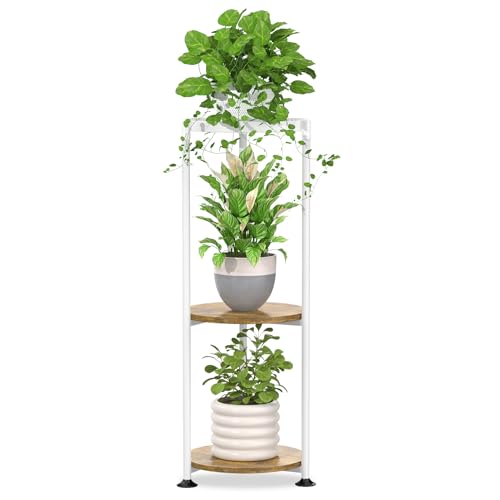 iDavosic.ly 3 Tier Corner Plant Stand Indoor, 34 Inch Tall Vertical Metal Flower Heavy Duty Pot Holder Shelf Outdoor for Patio Porch Living Room, White & Rustic Brown - Round - color: Matte White, size: 3 Tiers