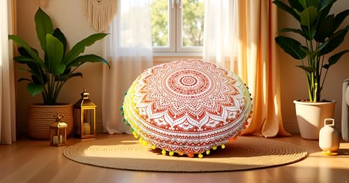 CRAFT KALA Boho Large Floor Pillow Pouf Cover Mandala Meditation Room Pillow Cover for Adults Round Bohemian Seating Pouf Cushion Cover for Kids Playroom 22" Yellow Orange Ombre - color: Yellow Orange, size: 22" x 22" (Pack of 1)