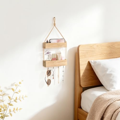 Mkono Macrame Hanging Shelf for Bedside Shelf Organizer with Hooks, Boho Wall Decor Cute Vintage Wood Floating Shelves for Girls Bedroom Dorm Nursery, Wall Storage for Phone, Remote, Accessories
