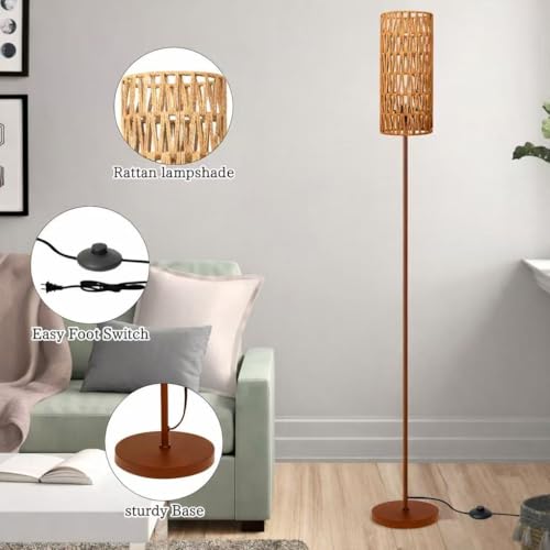 Ruiever Floor Lamp for Living Room,Farmhouse Floor lamp,Modern Standing lamp with Hand-Worked Rattan Shade (Brown Body with 3 Color Bulb) - style: Brown Body with 3 Color Bulb
