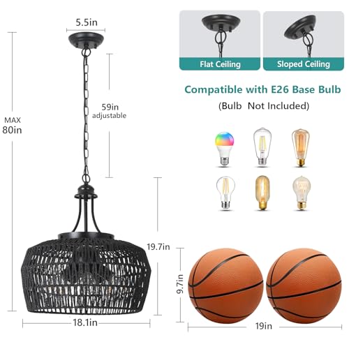 HMVPL Black Rattan Chandeliers for Dining Room, 5-Light Farmhouse Chandelier Light Fixture with Wicker Lampshade, Large Boho Coastal Hanging Pendant Lightting for Kitchen Island Bedroom Living Room - color: Black, size: 5-Lights (D)18.1 in