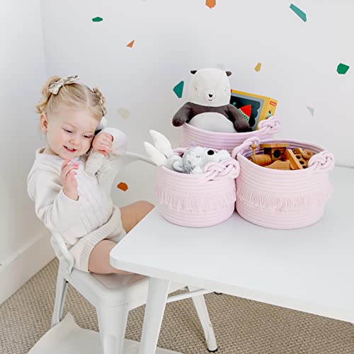 NaturalCozy 3-Piece Decorative Storage Basket Set – Pink Cotton Rope Small Woven Baskets for Organizing for Nursery Baby Stuff, Gift, Vanity, Montessori, Dog Cat Toy Bin, Planter, Bathroom Shelves - color: Pink