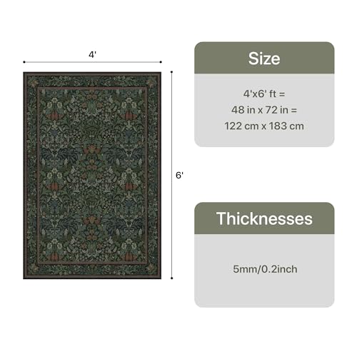 Bavni 4x6 Area Rugs for Living Room, Floral Rug Machine Washable Non Slip, Vintage Boho Forest Carpet, Soft Low Pile Thin Lightweight Rugs for Bedroom, Farmhouse, Dining Room Office, Dark Green - color: Dark Green, size: 4' x 6' (Rectangular)