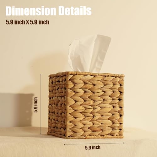 PINXIURY Water Hyacinth Handwoven Tissue Box Cover, Natural Handmade Wicker Napkin Box Holder, Handcrafted Square Facial Tissue, Rustic Decorative on Table and Bathroom, Office, Boho Decorative - color: Water Hyacinth, size: Single
