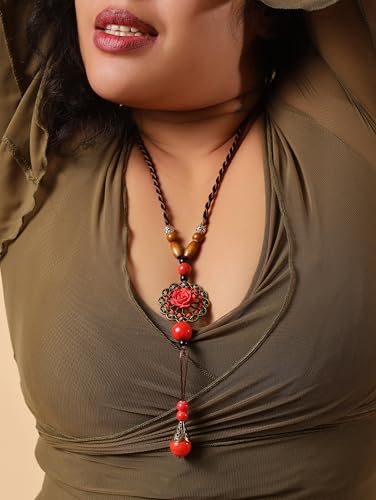 MINACHI Vintage Bohemian Colorful Ceramic Bead Antique Flower Y Necklace, Vintage Boho Hippie Statement Jewelry Gift for Women - color: S07B