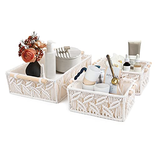 ANMINY 3PCS Macrame Storage Baskets for Organizing Boho Decor Baskets Storage Bins with Wood Handles Handmade Decorative Storage Boxes Desk Toilet Tank Bathroom Self Basket Organizer - Leaves - color: Leaves (Set of 3)