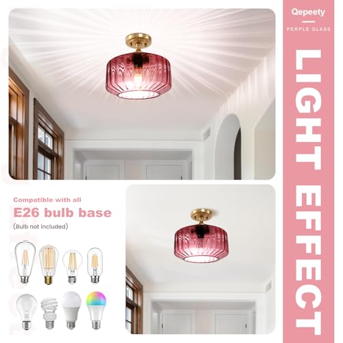 2-Pack Purple Ribbed Glass Ceiling Light, Semi Flush Mount Fixture | Anti-Rust, E26 Socket, Easy To Install, Max 60W, Ideal For Bedrooms, Bathrooms, Hallways, Closets, Apartments - color: Purple, 2 Pack