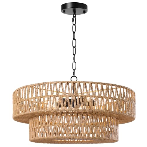 21.6 Inch Boho Rattan Chandelier, 5-Lights Hand Woven Bohemian Chandeliers with 2-Tier Drum Wicker Shade, Modern Farmhouse Large Pendant Light Fixture for Dining Room Living Entryway Bedroom - color: Black Metal, size: 21.6 Inch