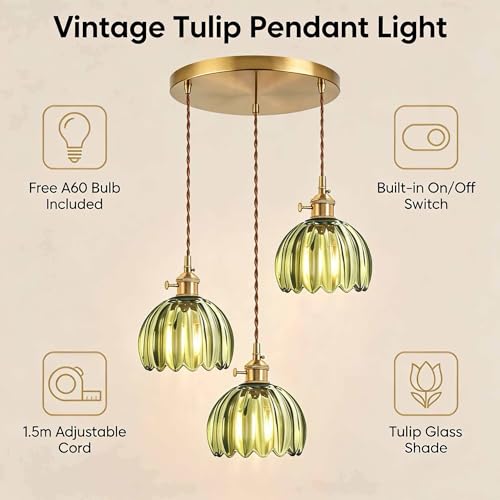 Green Tulip Glass Pendant Light, 3 Natural Light Bulbs Included, Adjustable Cord with Switch, Suitable for Kitchen Island/Dining Room - color: Green 3pcsTulip Pendant Light