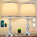Bedside Table Lamp Touch Control Bedroom Lamps with USB A + C Charging Port 3 Way Dimmable Touch Lamps for Nightstand Living Room Bedroom Dorm Home Office Reading, Set of 2 (Grey Shade & Nickel Base) - color: Grey Shade & Nickel Base