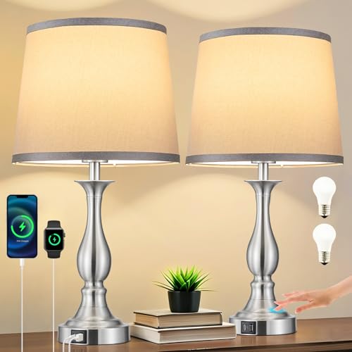 Bedside Table Lamp Touch Control Bedroom Lamps with USB A + C Charging Port 3 Way Dimmable Touch Lamps for Nightstand Living Room Bedroom Dorm Home Office Reading, Set of 2 (Grey Shade & Nickel Base) - color: Grey Shade & Nickel Base