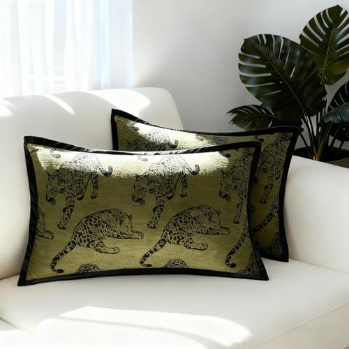Mantle & Mason Leopard Lumbar Throw Pillow Covers 12x20 Set of 2 Cheetah Decorative Pillow Covers for Couch Bed Living Room Mid Century Modern Soft Cushion Covers Dark Green - color: Leopard Green, size: 20" x 12" (Pack of 2)