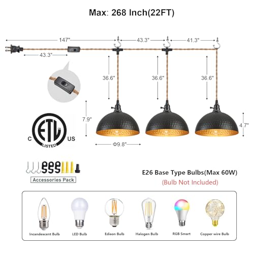 3 Light Plug in Pendant Lights Hammered Dome Hanging Lamp with Switch 22 Ft Long Hemp Rope Farmhouse Pndant Light Cord Lighting Fixture DIY Hanging Light - color: C 3 Lights
