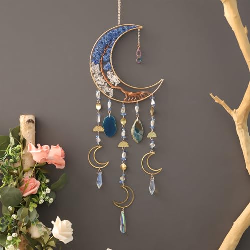 Agate Moon Dream Catchers with Crystal 7 Chakra Gemstone Dream Catchers Color Natural Gem Agate Wall Hangings Room Garden Dreamcatchers Decor (Blue) - color: Blue