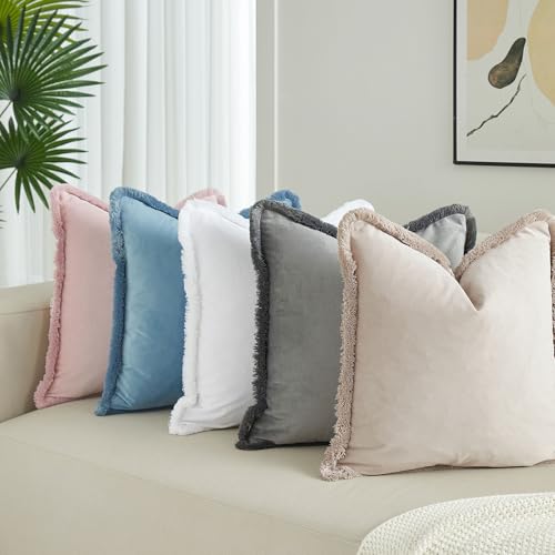 JUSPURBET Pack of 2 Champagne Decorative Fringe Velvet Throw Pillow Covers 18x18 for Home Decor Living Room Bedroom Car Boho Soft Cushion Cover with Hidden Zipper Machine Washable - color: Champagne, size: 18" x 18" (Pack of 2)