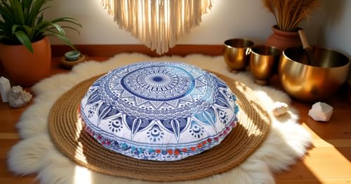 Round Mandala Floor Pillow Cover Seating Cushion Throw Cover Hippie Decorative Bohemian Ottoman Pouf Cover, Pom Pom Pillow Cases,Boho Indian 22 Inches (White and Blue) - color: White and Blue