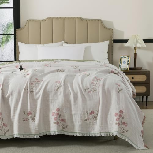Lemfux 4-Layer 100% Cotton Muslin Cooling Blanket, Boho Floral Gauze Throw with Fringe, Ultra Soft Breathable Lightweight Bedspread Coverlet for Bed Sofa Couch (White-Green Floral, 80"x90") - color: White-green Floral, size: 80"x90"