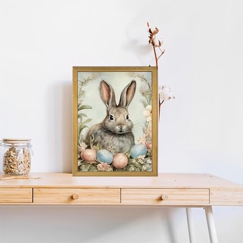 Easter Bunny Wall Art, Vintage Rabbit Canvas Wall Decor, Easter Eggs Poster Print Picture, Spring Farmhouse Animal Painting for Living Room Bedroom Kitchen Holiday Home Decor 12x16 Inch Wood Framed - color: Easter Bunny A, size: 16"L x 12"W