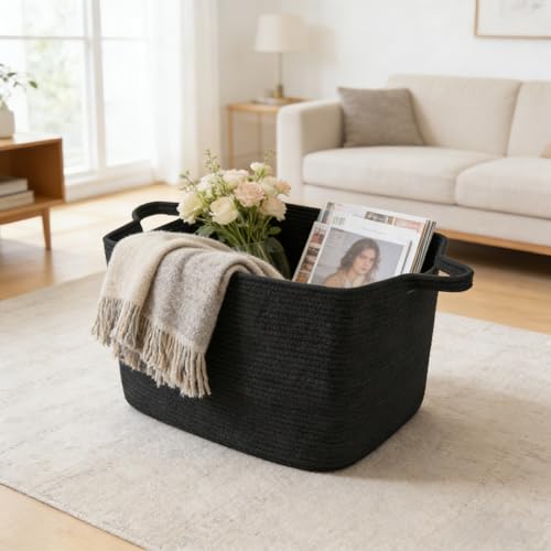 96L Large Blanket Basket,24"x16"x15"Rectangle Storage Bin with Handles,Woven Rope Laundry Basket for Toys, Clothes,Magazines,Home Organization,Nursery,Living Room & Bedroom,Black - color: Black, size: 24"x16"x15"(96L)
