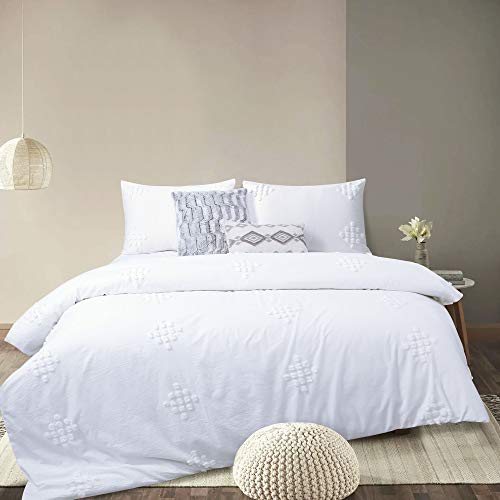 YINFUNG Textured Duvet Cover Tufted 100% Cotton Clipped Dot White Boho King Shabby Chic Pom Jacquard Geo Elegant Pretty Cute Duvet Cover Set 104x90 Diamond Bohemian Bedding Set Zip - color: White, size: King