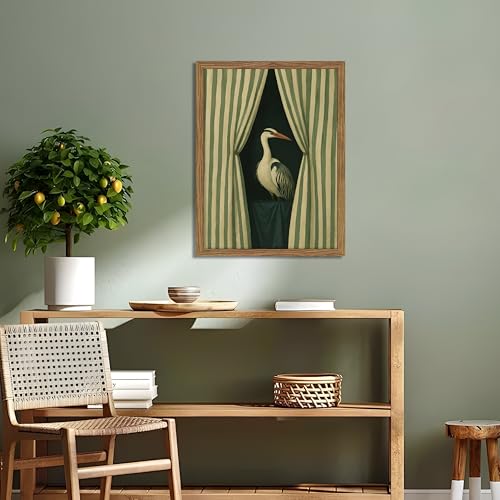 Framed Curtain Crane Canvas Wall ArtFramed Bird Wall Art, Elegant Heron Canvas Print, Vintage Coastal Bird Wall Decor, Abstract Heron Painting, Striped Curtain Picture Poster Artwork for Living Room Bedroom 16x24 inch - color: Elegant Heron, size: 24"L x