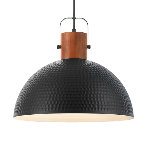 ELYONA 16 Inch Ash Wood Hammered Pendant Light Fixtures, Large Metal Dome Ceiling Hanging Lamp, Industrial Chandelier for Kitchen Island, Bar, Farmhouse, Dining Table, Hallway, Modern Black - color: Black - 1 Pack