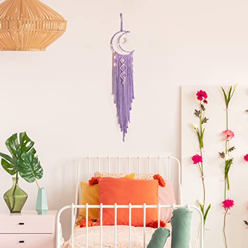 Macrame Moon Dream Catcher for Girl, Purple Boho Crescent Dreamcatcher for Bedroom, Handmade Nursery Room Wall Hanging with Star Pendant for Teen Boy, Bohemian Home Decoration Idea - color: Lavender, size: Without Light