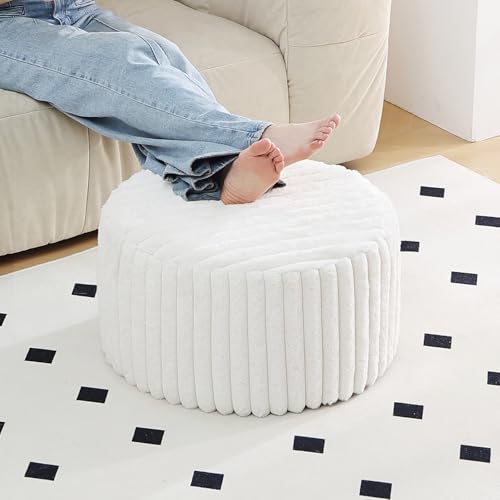 Tiita Round Stuffed Pouf Ottoman, Stripe Faux Fur Poufs with Foam Chunk Filling, Furry and Fluffy Pouf 21×21×12 inch Foot Stool Storage Ottoman,Puff Office Foot Rest for Couch Living Room, Beige - color: Striped Round Beige