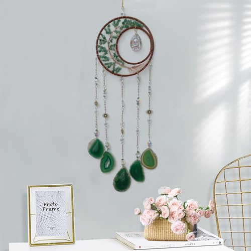 Green Moon Crystal Tree of Life Dream Catcher with Agate Pendant | Handmade, Wall Decor, Wall Hanging Ornament, Bedroom Living Room Home Decor