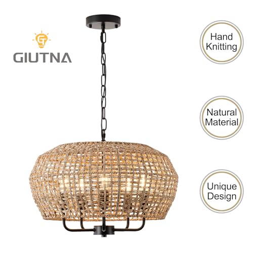 20" Boho Rattan Chandelier for Dining Room,5-Light Hand-Woven Natural Rattan Ceiling Light Fixture with Adjustable Chain,E12 Sockets Dimmable Pendant Light for Kitchen Living Room Hotel(Black) - color: Black 5-Light 20" Round