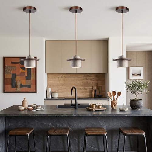 Wabi Sabi Pendant Light, Japandi Ring Light Fixture, Modern Farmhouse Travertine Chandelier Pendant Lighting - Yellow Stone & Walnut Wood (Walnut 3-Light,7.9IN-C) - color: Walnut 3-Light, size: 7.9IN-C