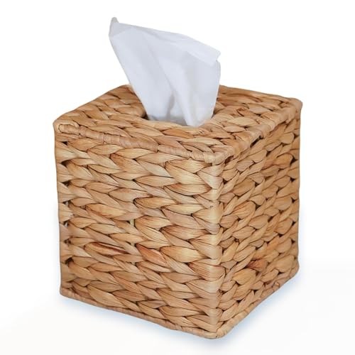 PINXIURY Water Hyacinth Handwoven Tissue Box Cover, Natural Handmade Wicker Napkin Box Holder, Handcrafted Square Facial Tissue, Rustic Decorative on Table and Bathroom, Office, Boho Decorative - color: Water Hyacinth, size: Single