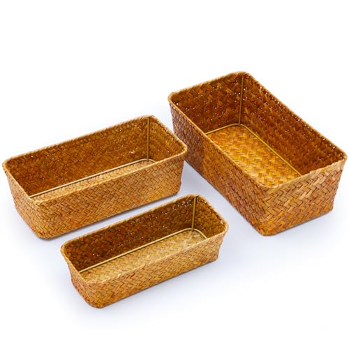 Seagrass Storage Basket, Stackable Open Woven Baskets Bins Container for Organizing Shelves Bedroom Living Room, Set of 3, Natural - size: 3pcs Medium