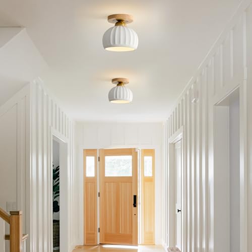 Ceramic Semi Flush Mount Ceiling Light - 2 Pack, Vintage Wood Gold Hallway Light Fixtures, White Globe Ceiling Lights,Mid Century Small Chandelier Light Fixture for Cottage Entryway Laundry Room Foyer - color: Frosted Ceramic-Wood